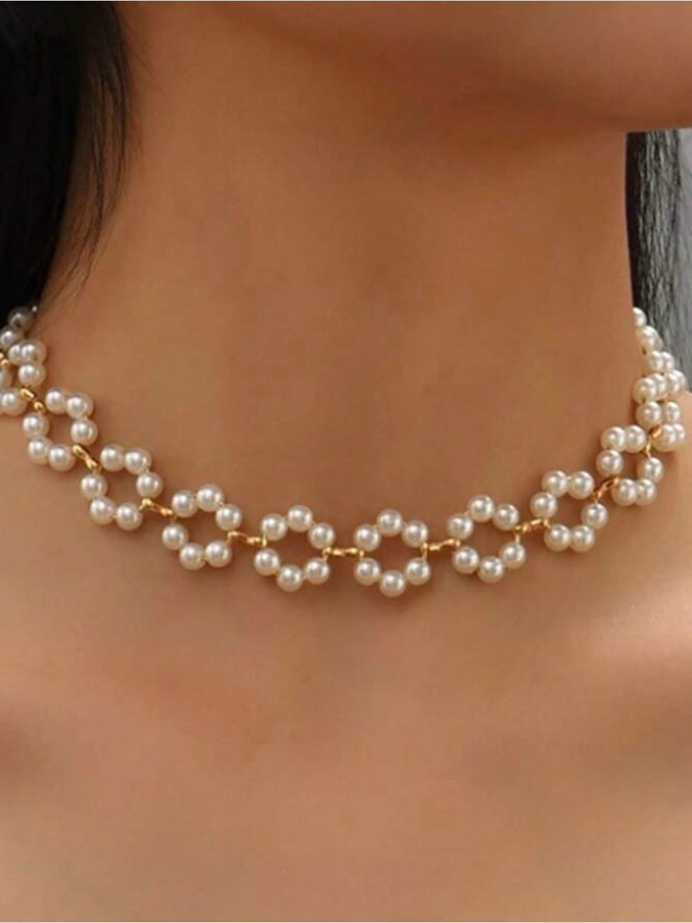 Classic White Pearl Cluster Choker Necklace - Gold Accent